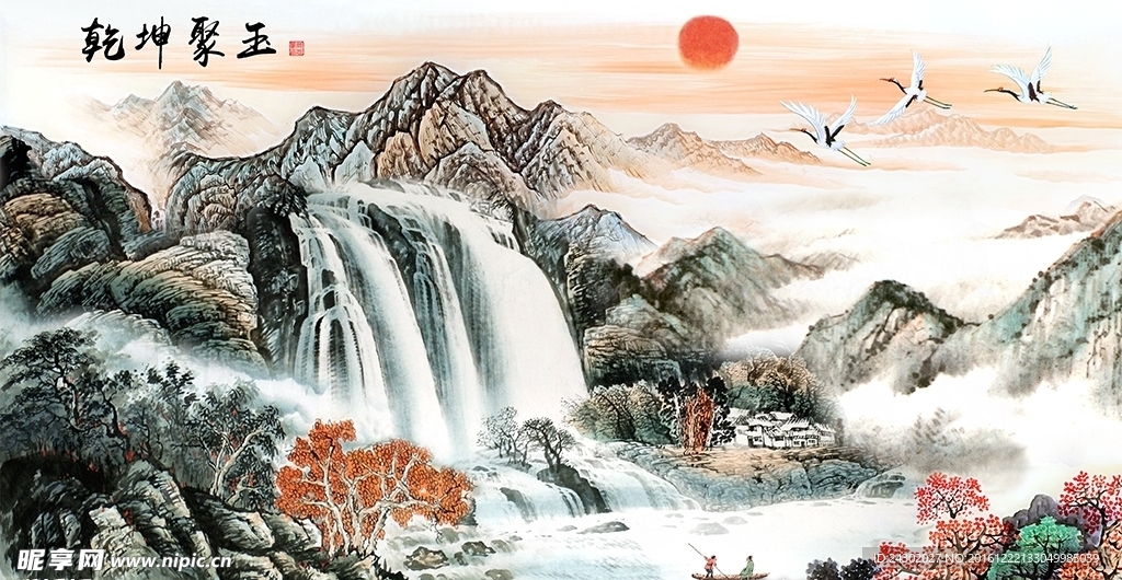 中式山水瀑布影视背景墙