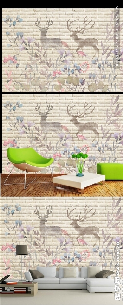 手绘北欧水彩花卉麋鹿剪影背景墙