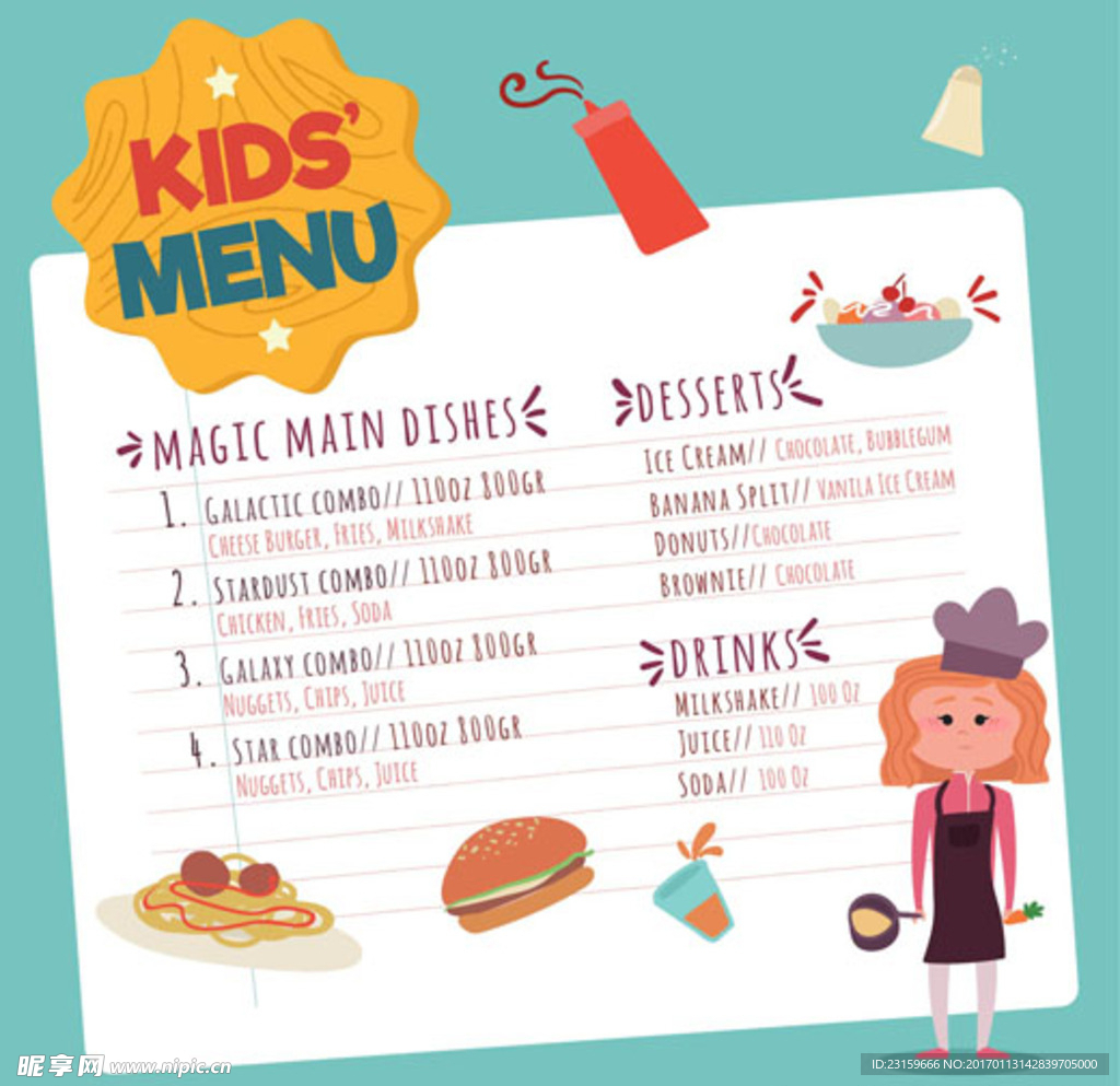 手绘儿童餐厅孩子厨师菜单