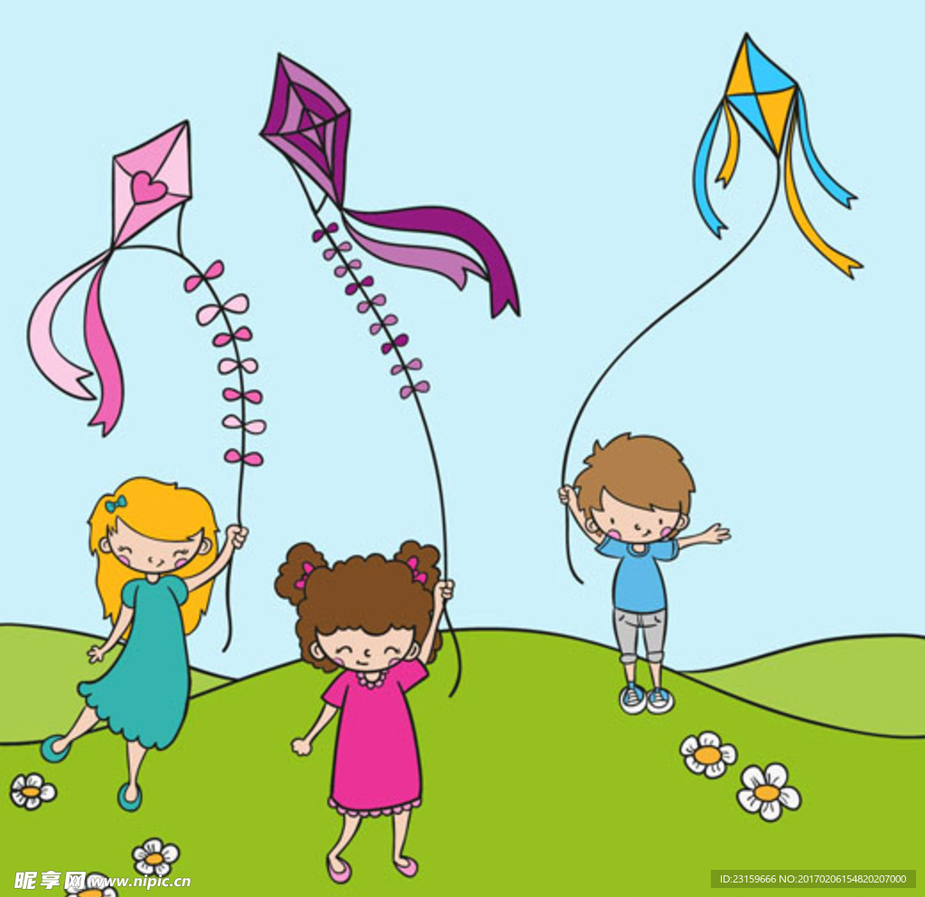 儿童节快乐放风筝的孩子