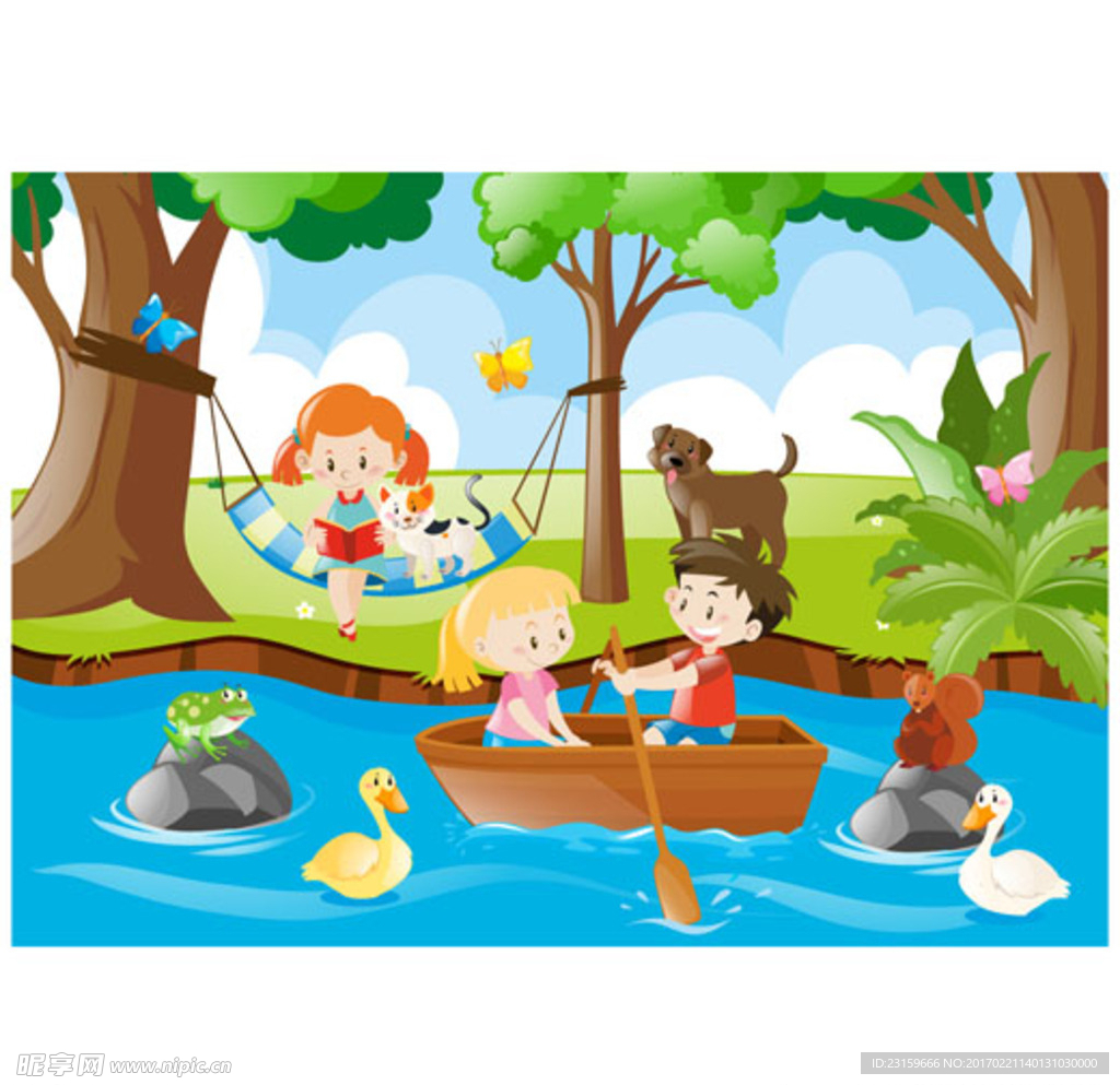 卡通儿童节在小河划船的孩子