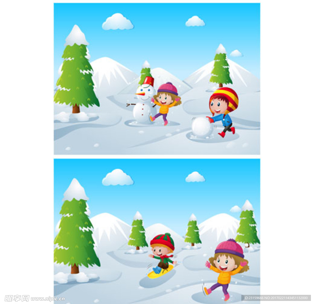 卡通儿童节在雪地上玩耍的孩子