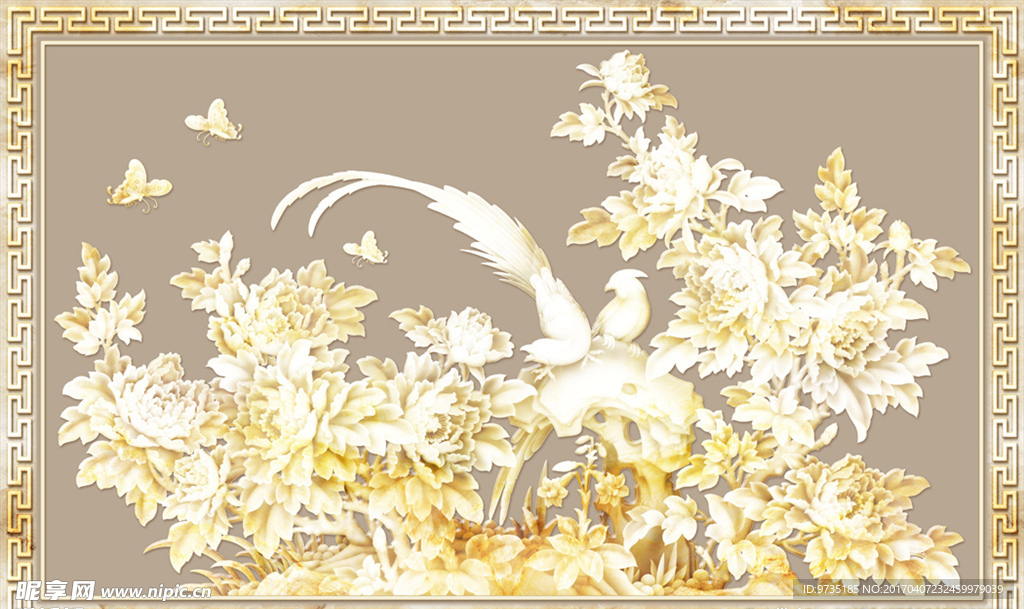 浮雕牡丹花孔雀背景墙