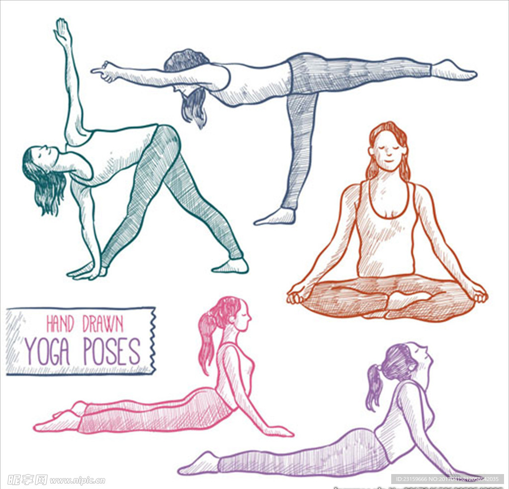 五款手绘女子瑜伽动作元素