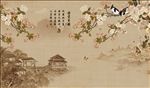 新中式国画海棠花鸟沙发背景墙