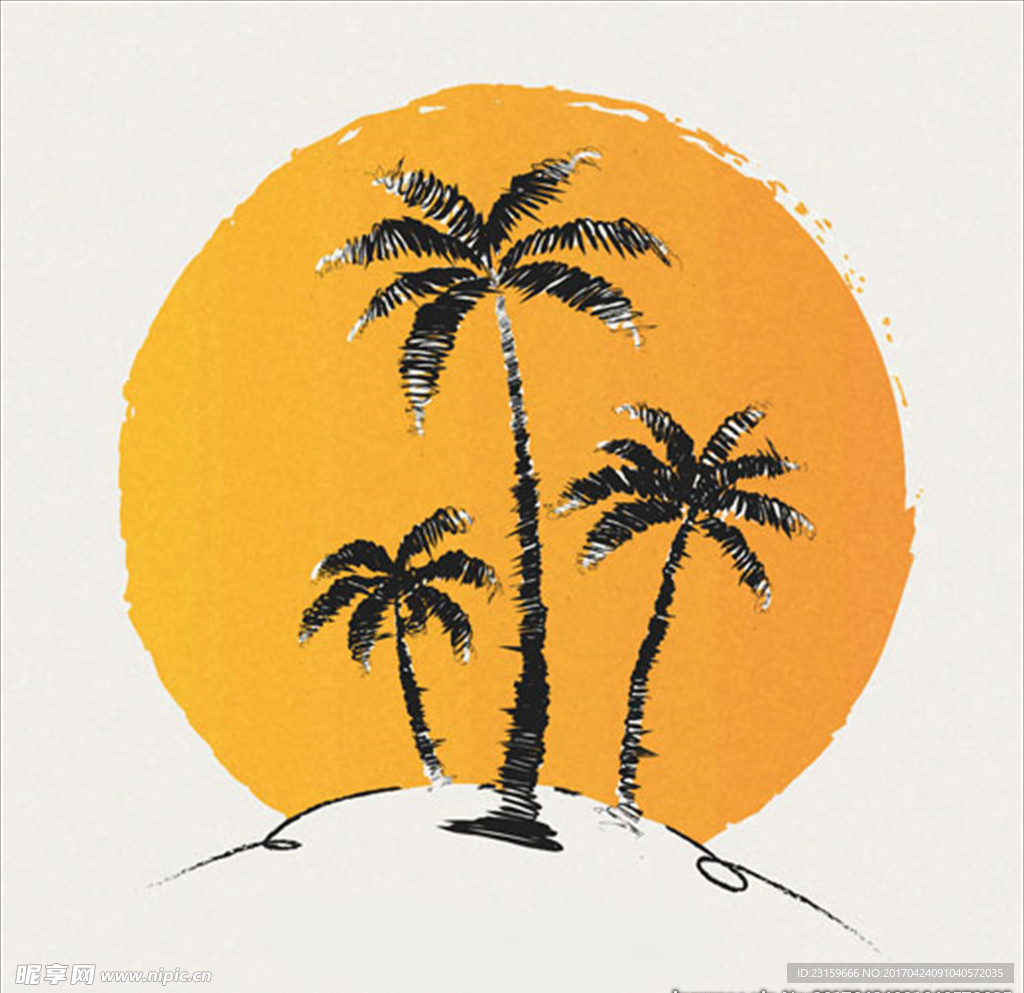 手绘太阳背景棕榈树