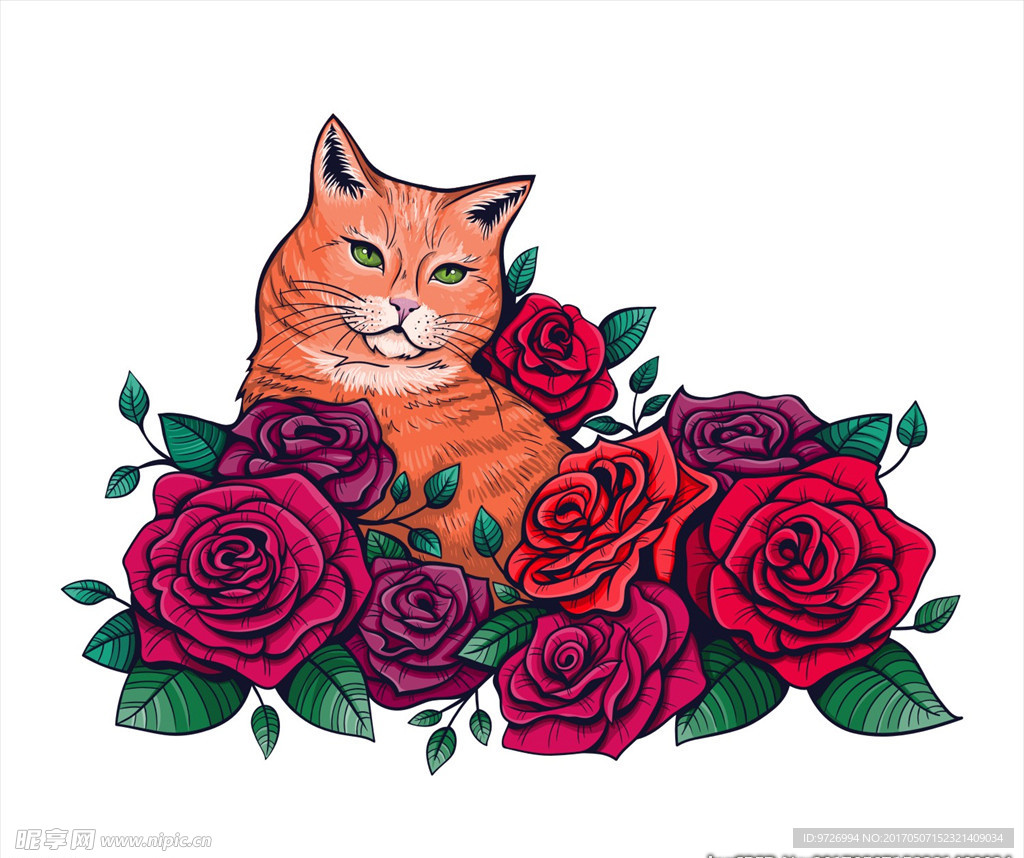 玫瑰花手绘猫矢量图