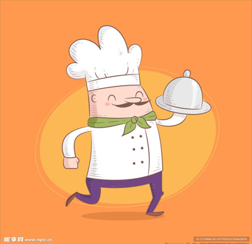 卡通微笑着端菜的胖厨师