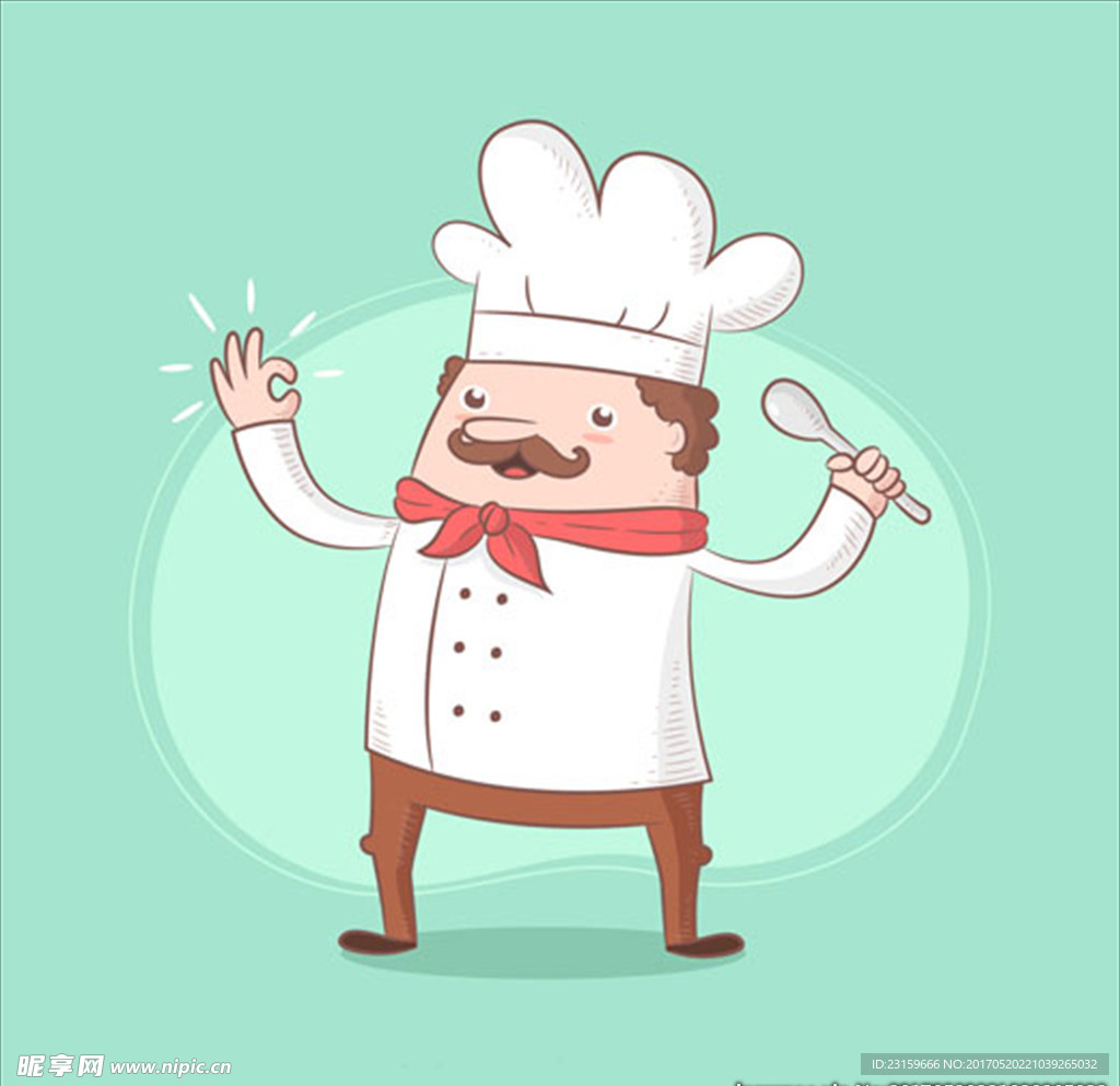 手绘卡通拿勺子的胖厨师