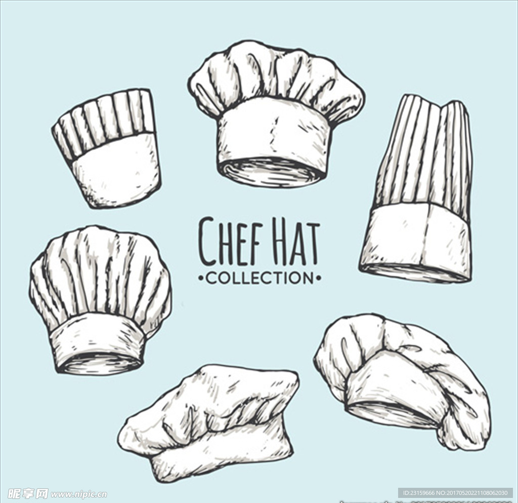 一组手绘厨师帽子