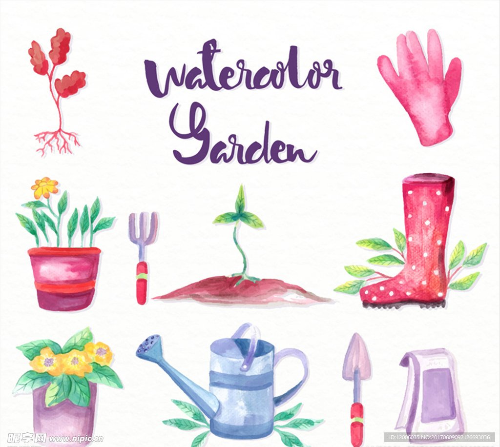 10款水彩绘花园元素矢量素材