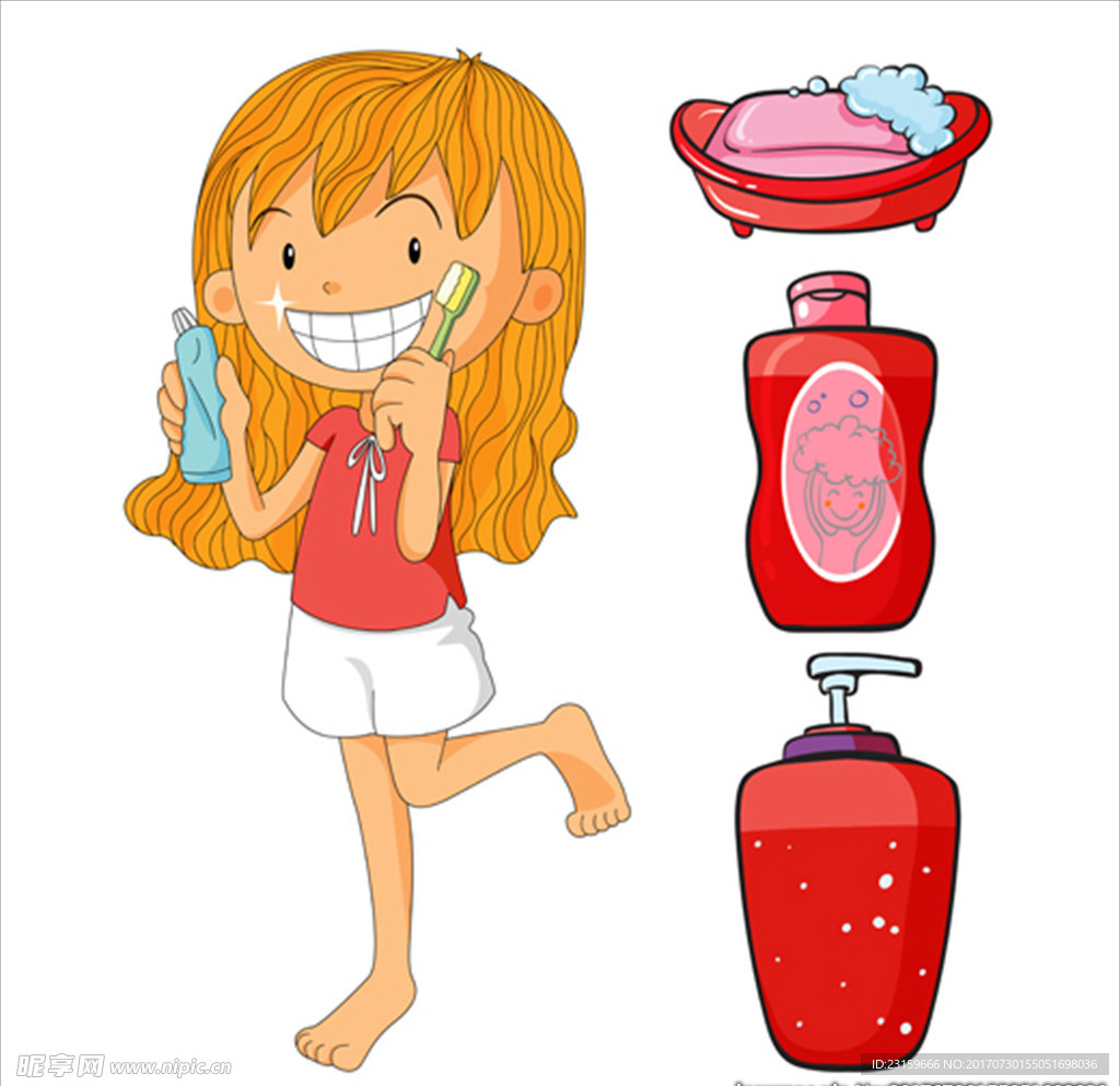 女孩用红色牙刷的洗漱