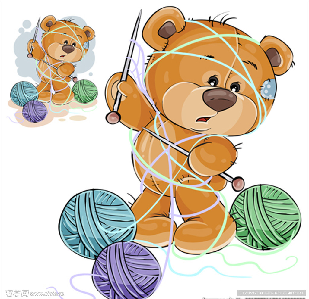 被毛线缠绕的棕色泰迪熊
