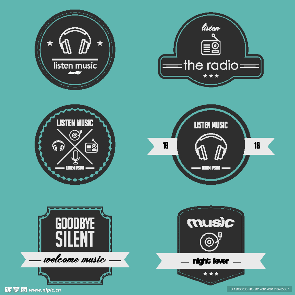 6款创意广播与音乐标签矢量素材
