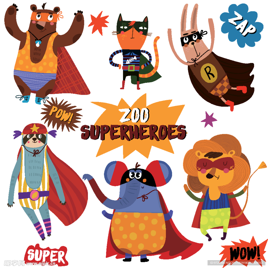 超级动物园卡通动物超人矢量图
