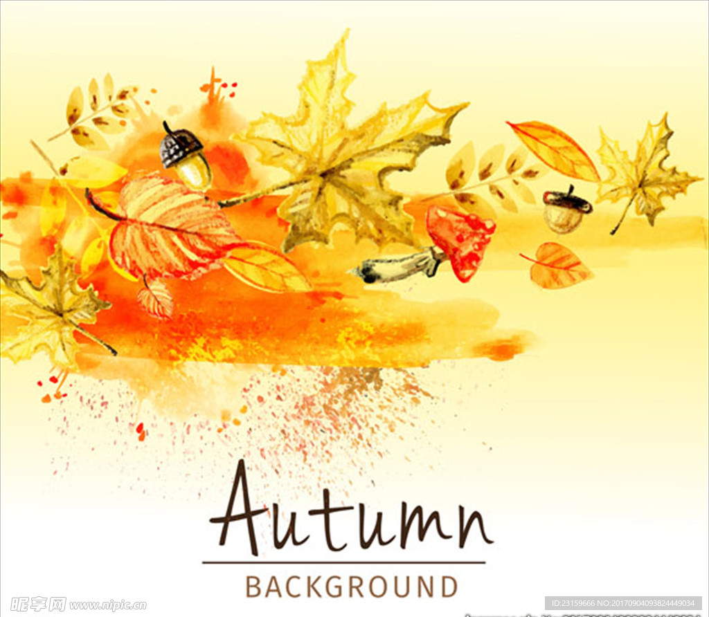 手绘水彩秋天的蘑菇叶子插图