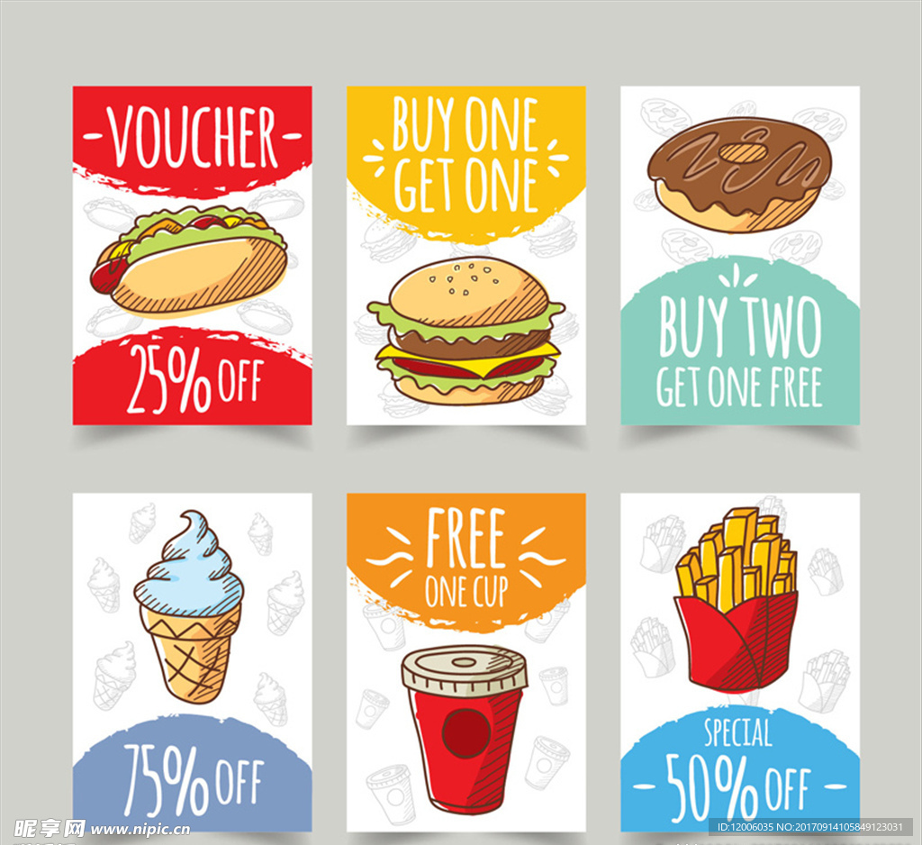 6款彩绘快餐食品促销卡片矢量图