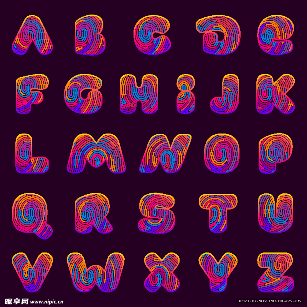 多彩抽象指纹字母字体设计