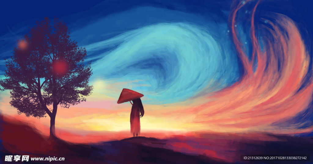 夜晚唯美焰火女孩插畫