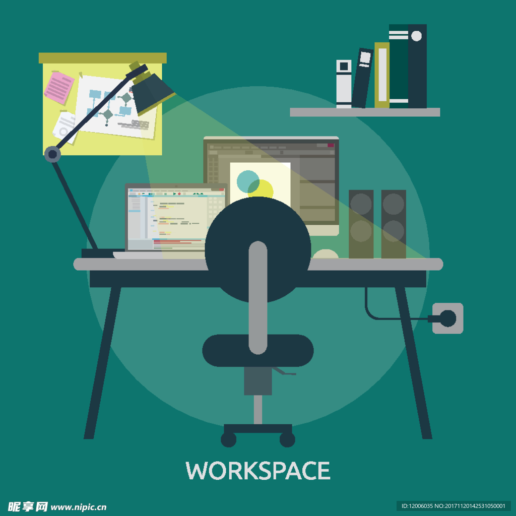 绿色圆形背景上的工作台和电脑