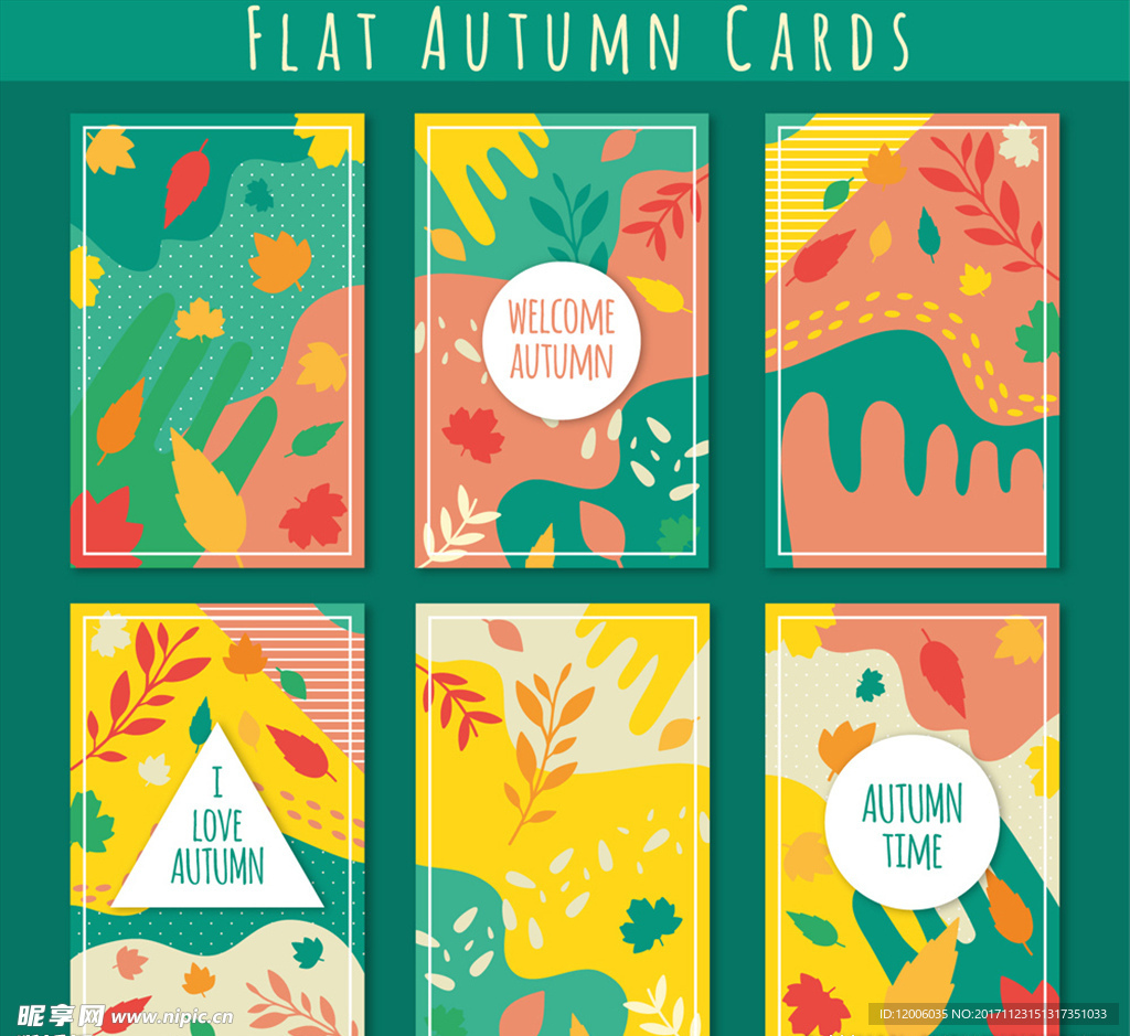6款扁平化彩色秋季卡片矢量素材