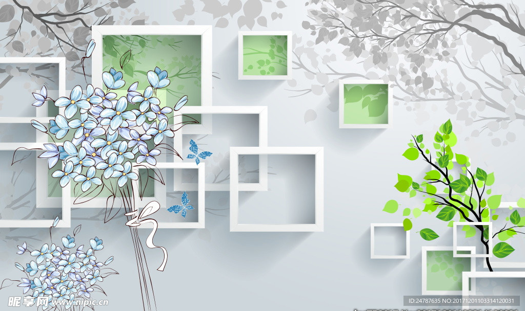 3d方框简约树蓝色花卉