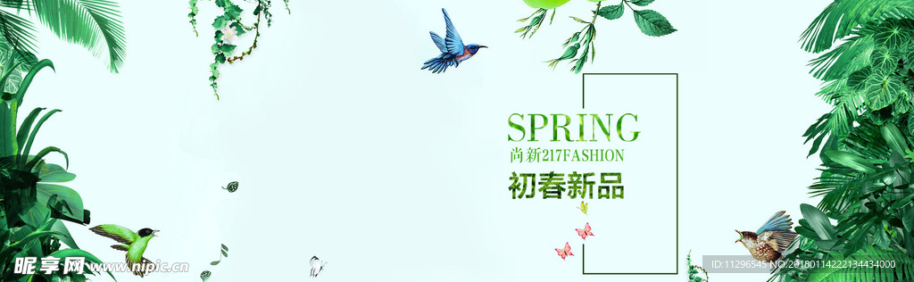 春季绿色枝叶背景女装海报