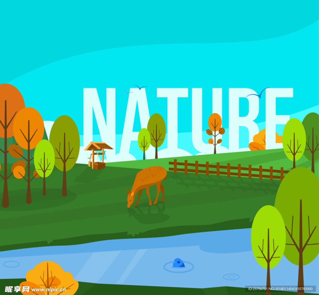 创意树林和食草的鹿自然风景矢量
