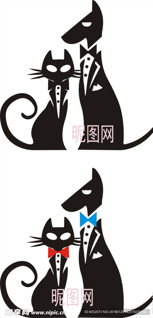 猫狗单色黑白矢量图雕刻图