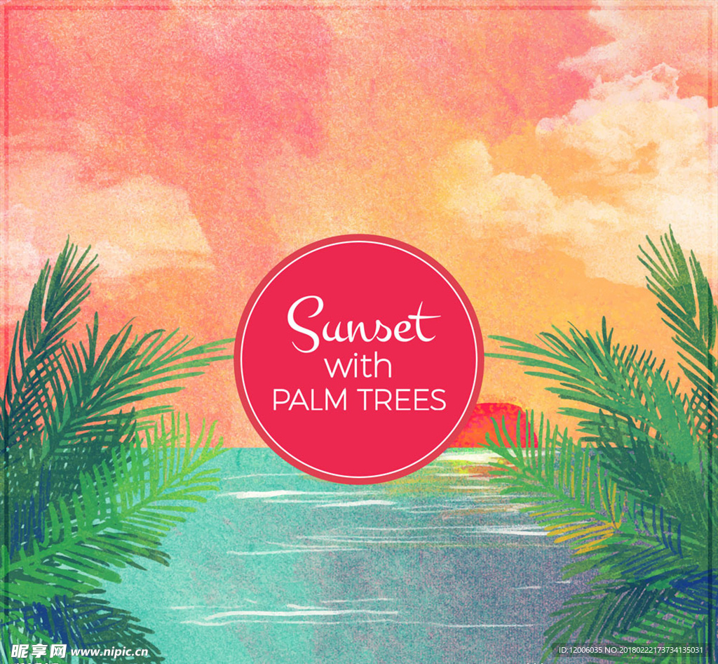 彩绘夕阳下的棕榈树风景矢量图