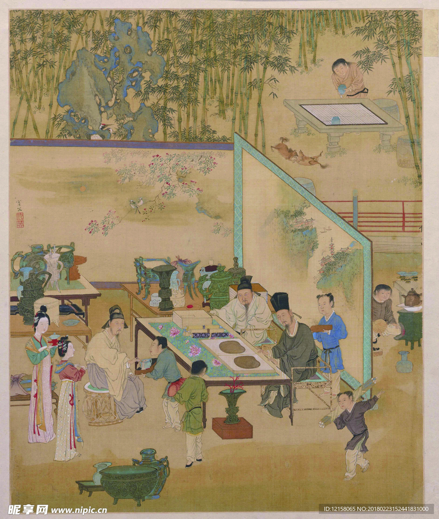 明仇英 人物故事圖  竹院品古