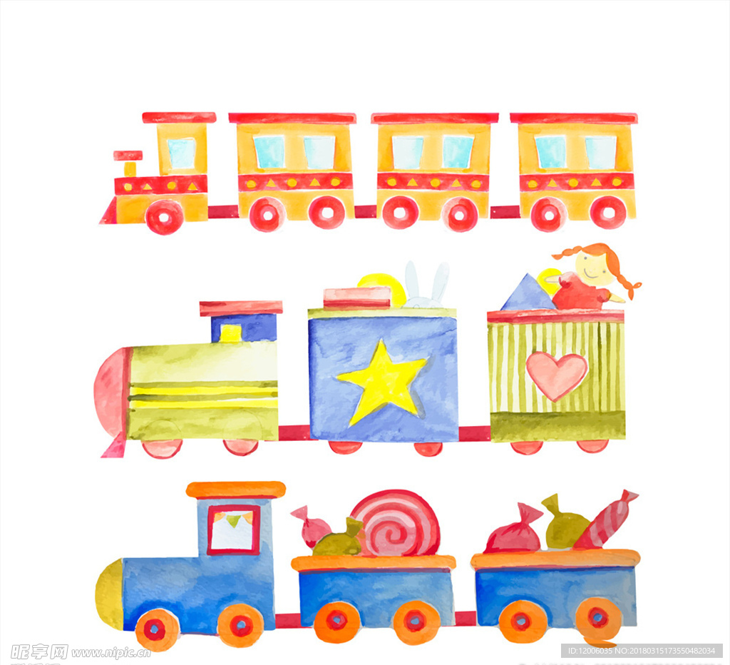 3款水彩绘玩具小火车矢量素材