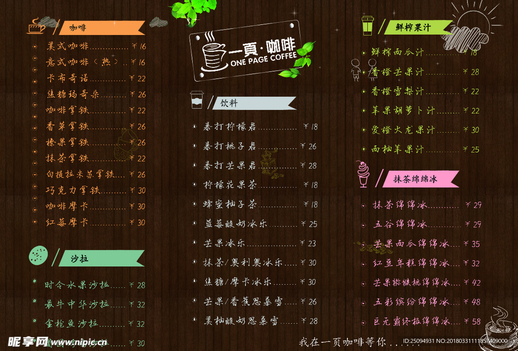 咖啡店菜單