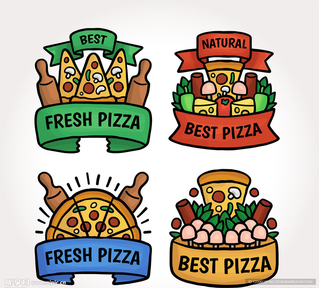 4款彩绘披萨标签矢量素材