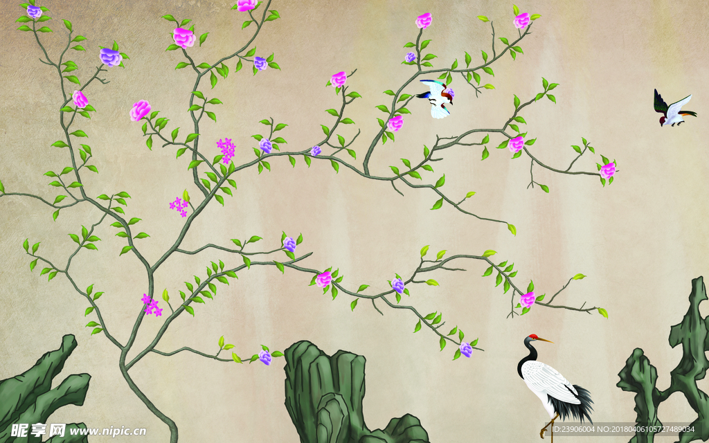 大型新中式花鸟背景壁画
