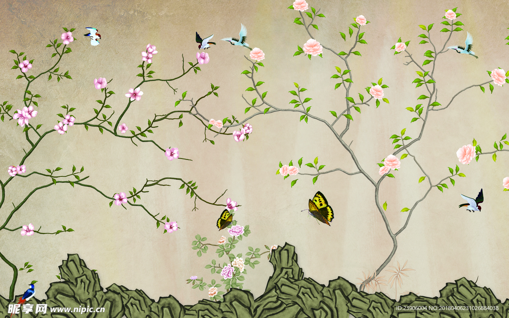 新中式手绘花鸟背景壁画