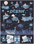 蓝色海洋水母鲸鱼北欧风格插画