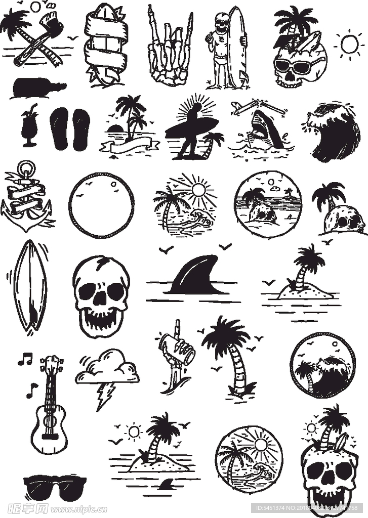 黑白素描海滩椰子树骷髅头