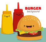 卡通笑脸汉堡包和调味酱矢量图