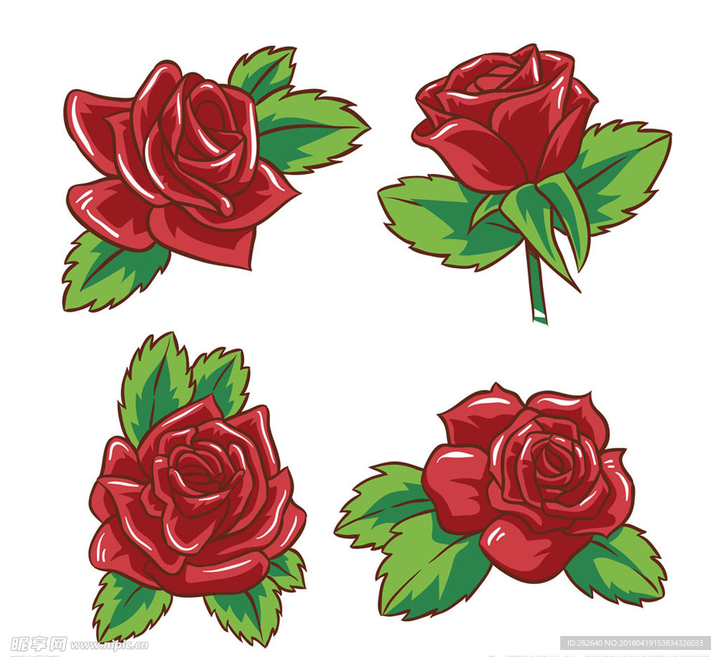4款美丽红玫瑰花矢量素材