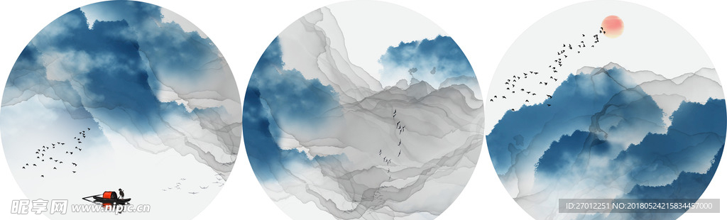 新中式意境抽象山水风景 三联画