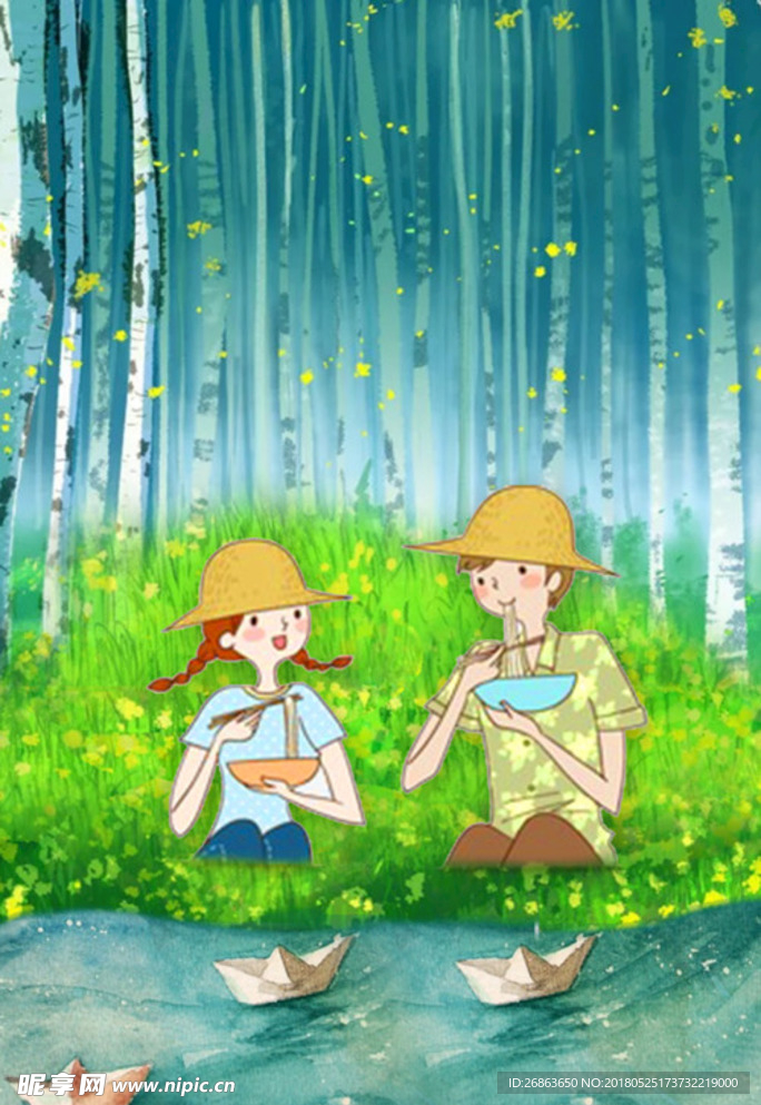 小清新男孩女孩吃面条森林卡通