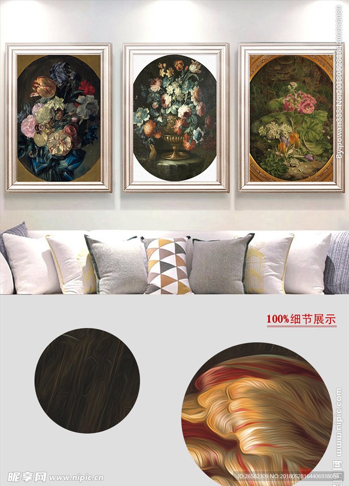 抽象复古花卉手绘花纹客厅装饰画