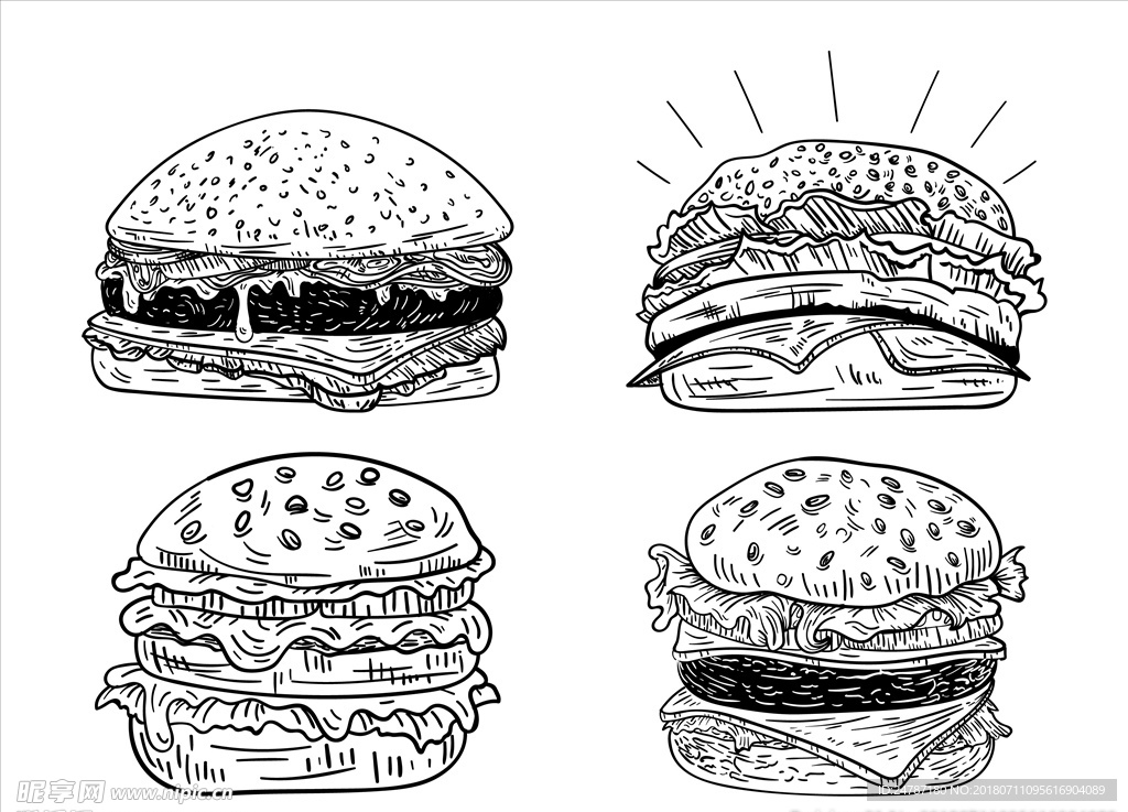 矢量素描线稿手绘汉堡包