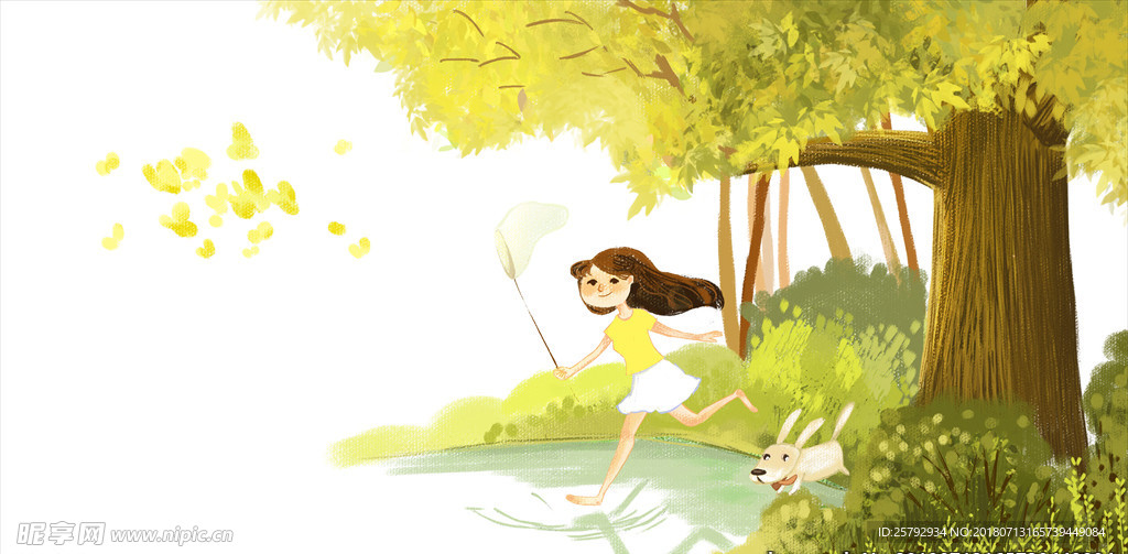 夏日河边捉蝴蝶的女孩手绘