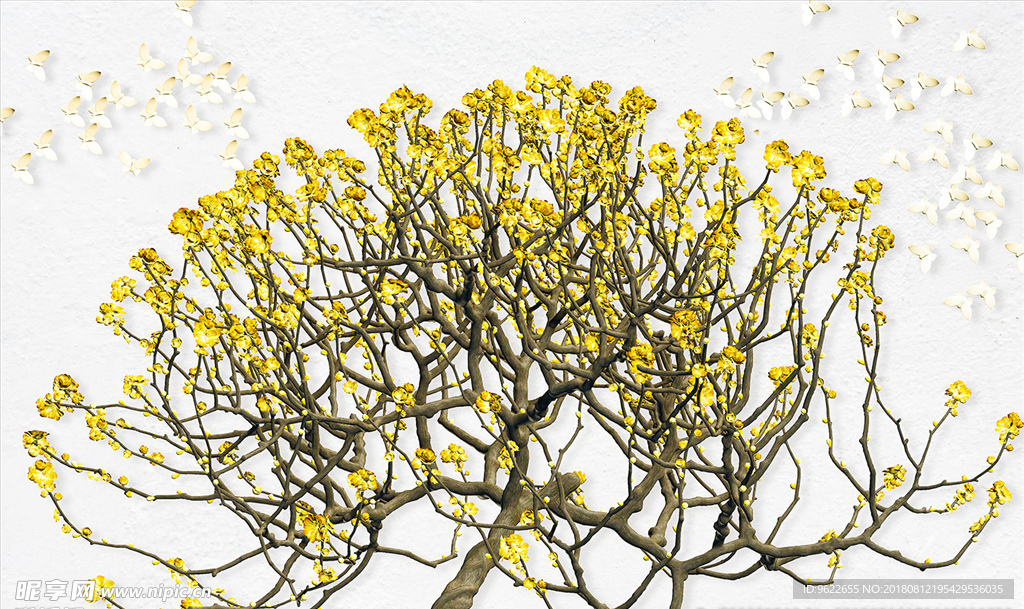 简约树枝黄色花朵3d立体浮雕电