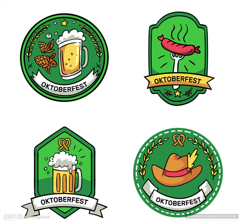 4款彩绘绿色啤酒节标签