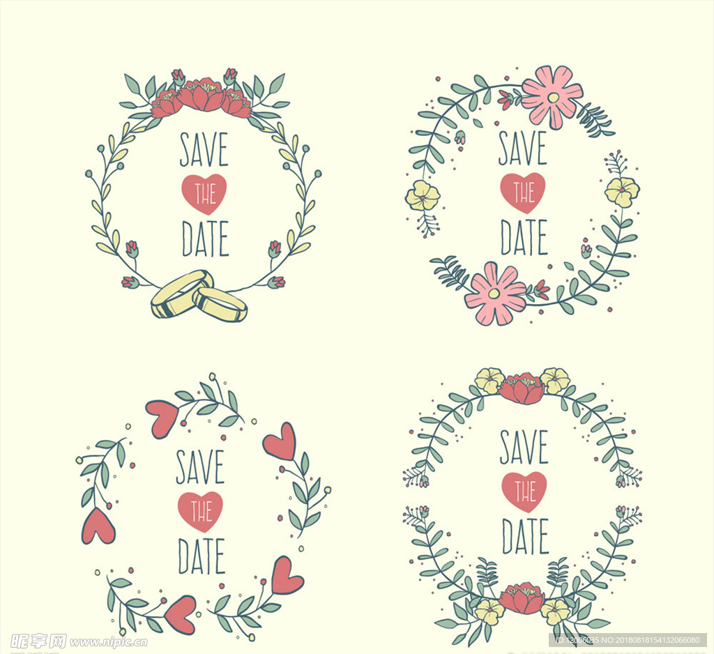 4款彩色花环婚礼标签矢量素材