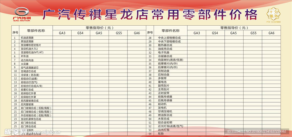 传祺 售后  零部件价格表