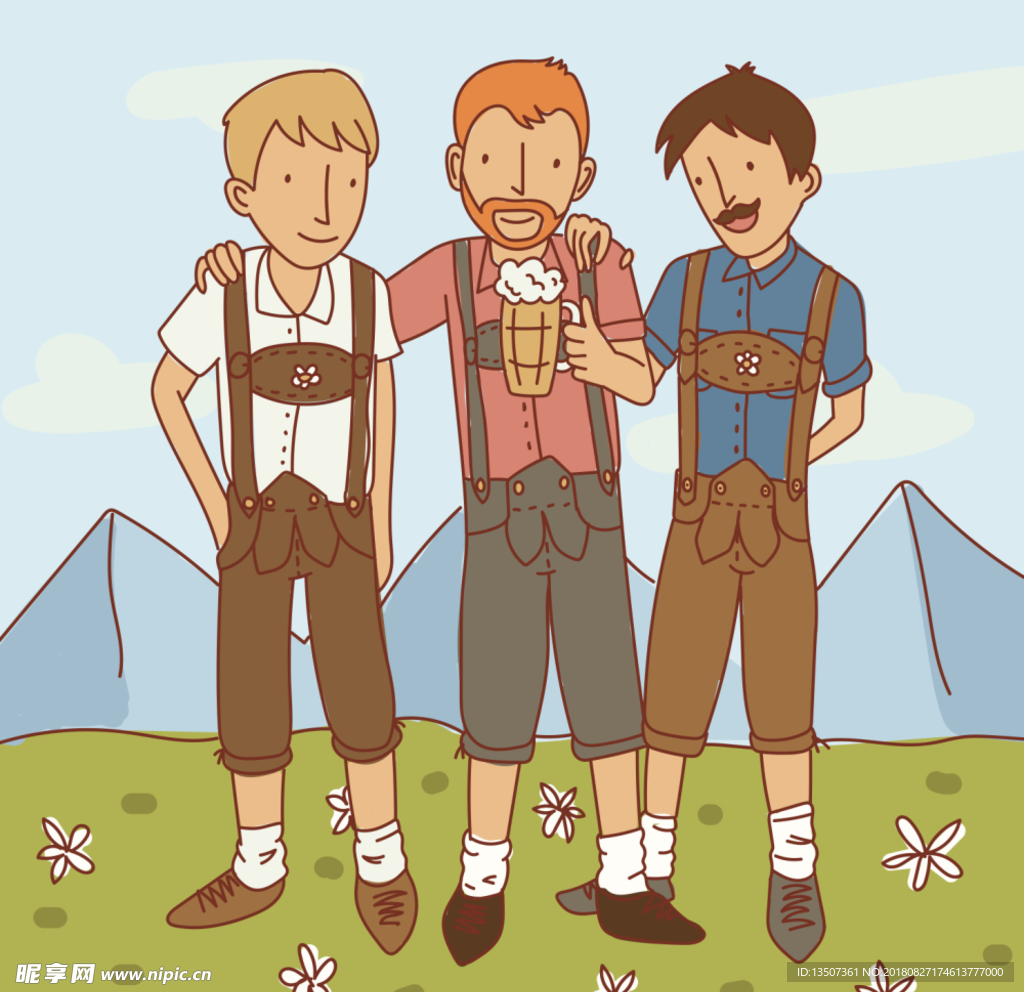 手绘三个男人在野外喝酒插画设计
